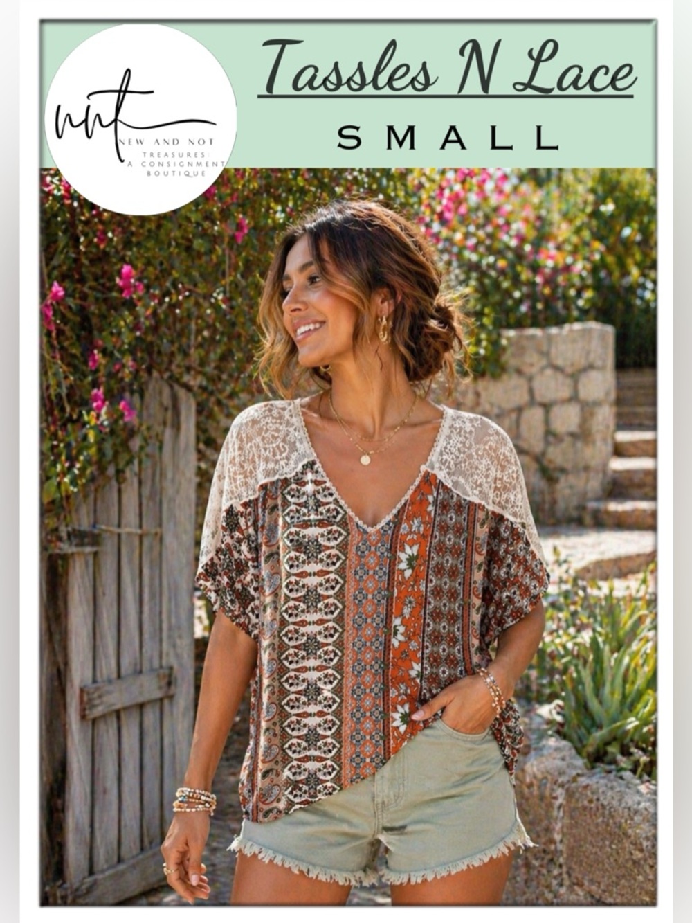 Tassels N Lace Boho Tunic Top Lace Yoke Paisley Mixed Print Small